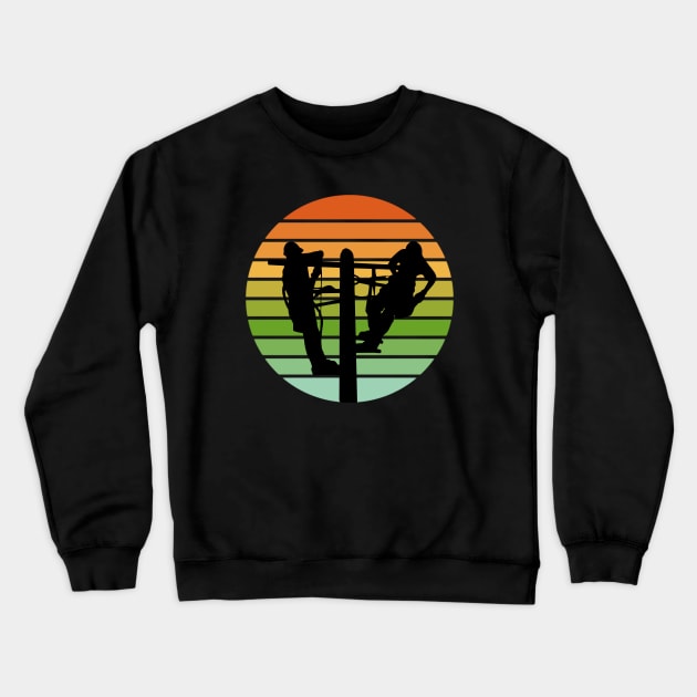 Lineman Repairing Damaged Power Lines Retro Sunset Crewneck Sweatshirt by Rosemarie Guieb Designs